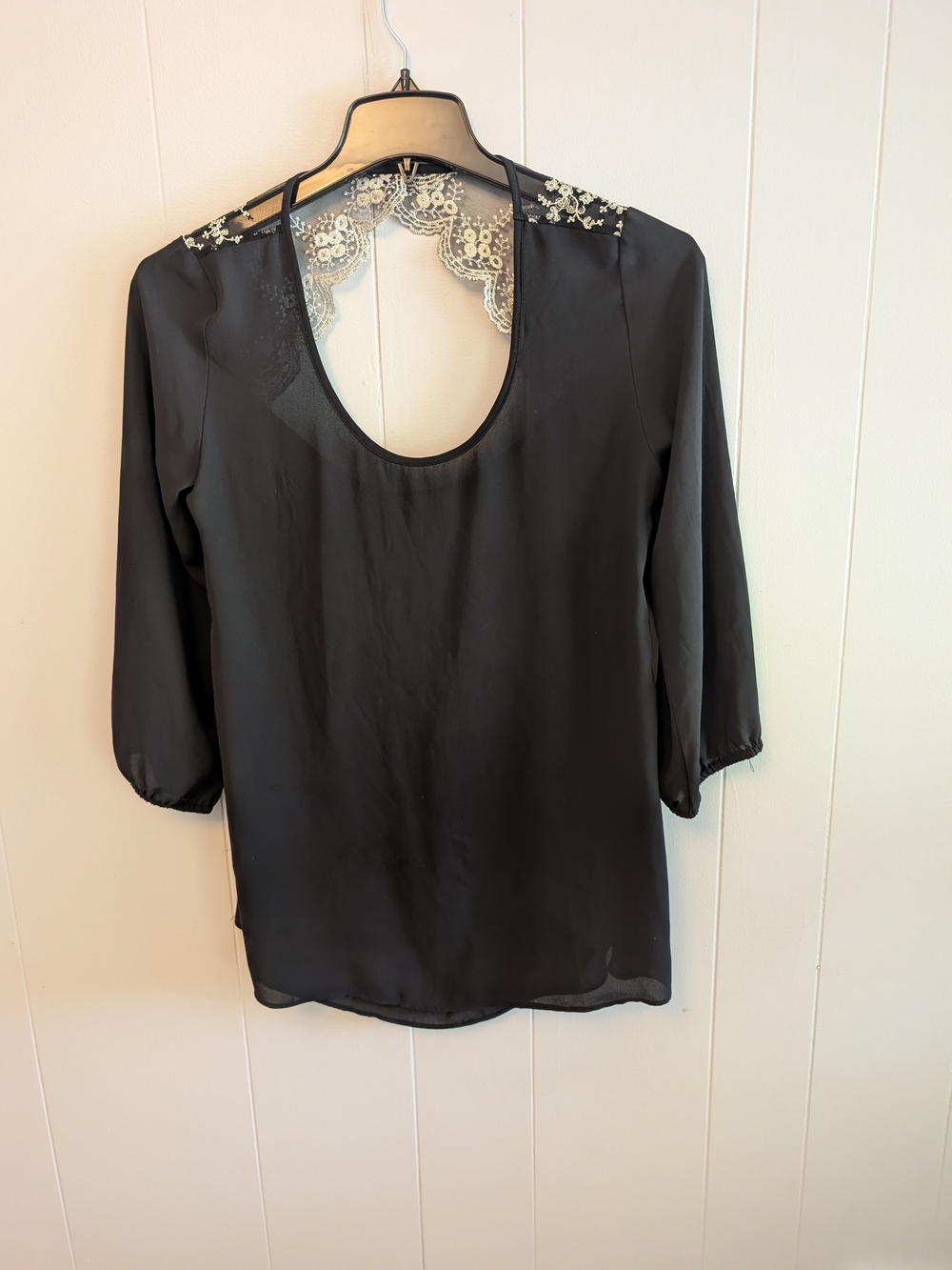 Signature Studio Black Scoop-Back Blouse with Lace Accents